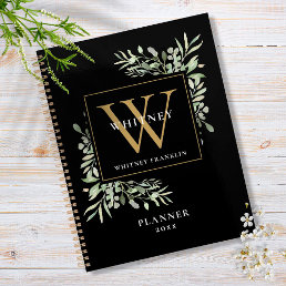 Black and Gold Greenery Leaves Monogram Name 2023 Planner