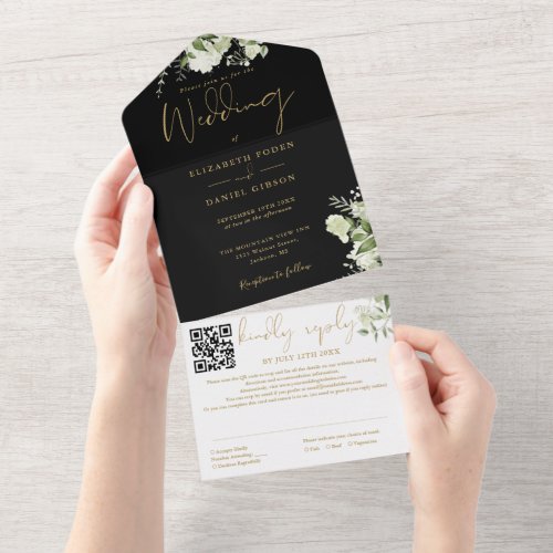 Black And Gold Greenery Monogram QR Code Wedding All In One Invitation