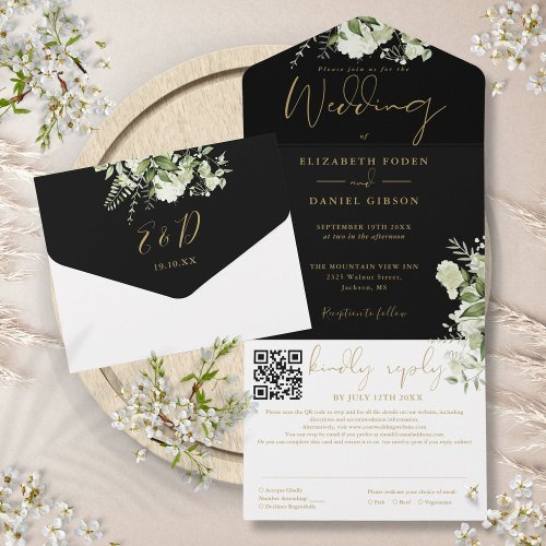 Black And Gold Greenery Monogram QR Code Wedding All In One Invitation
