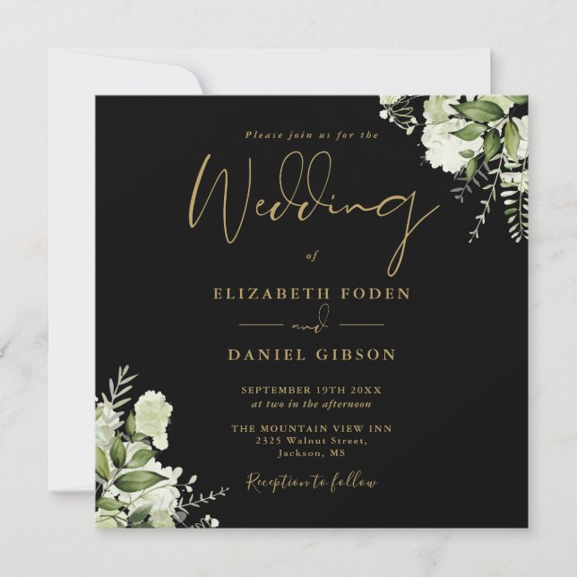 Black And Gold Greenery Monogram Square Wedding Invitation (Front)