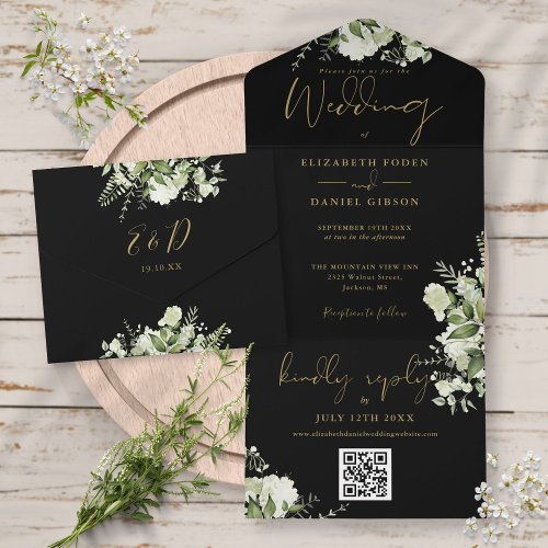 Black And Gold Greenery QR Code Monogram Wedding All In One Invitation