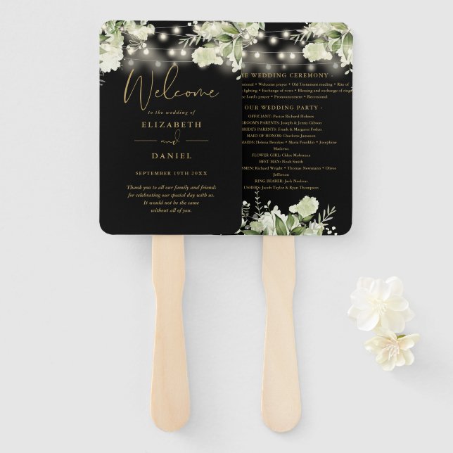 Black And Gold Greenery Wedding Program Heart Hand Fan (Front and Back)