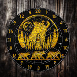 Black and Gold Grizzly Bear Beauty Dart Board<br><div class="desc">1. Elevate your game room or man cave with this stunning dart board featuring a striking black and gold design. The centerpiece of this unique board is a majestic gold grizzly bear, gazing up into the dark sky illuminated by a full moon. This captivating imagery is complemented by a silhouette...</div>