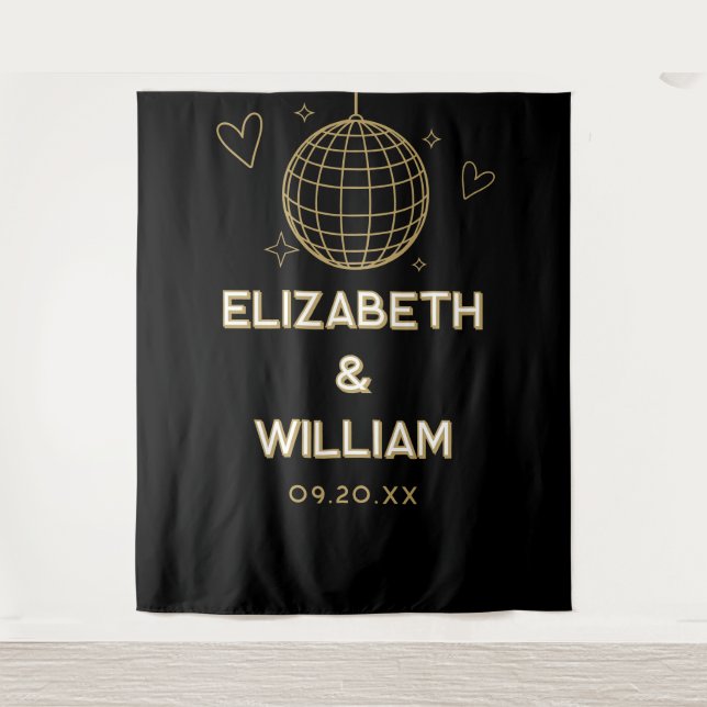 Black And Gold Groovy Disco Wedding Photo Backdrop (Front)