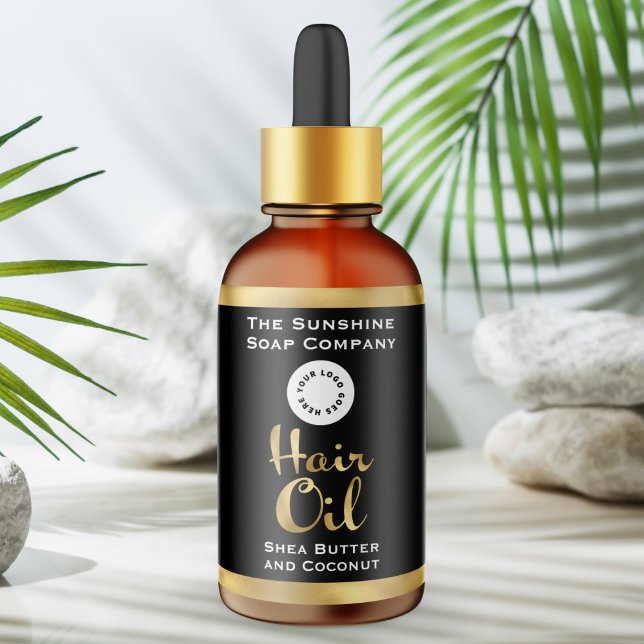 Black and Gold Hair Oil Bottle Label with logo (Creator Uploaded)
