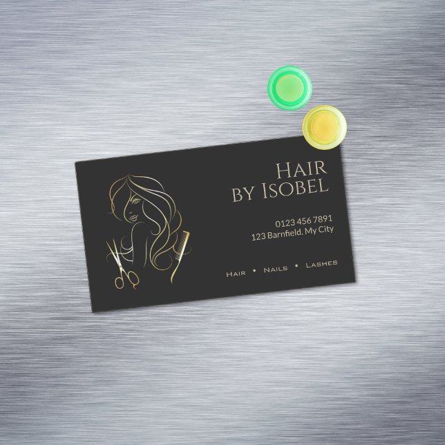 Black and Gold Hair Stylist Business Card Magnet (Creator Uploaded)