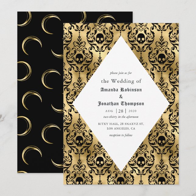 Black and Gold Halloween Damask Gothic Wedding Invitation (Front/Back)