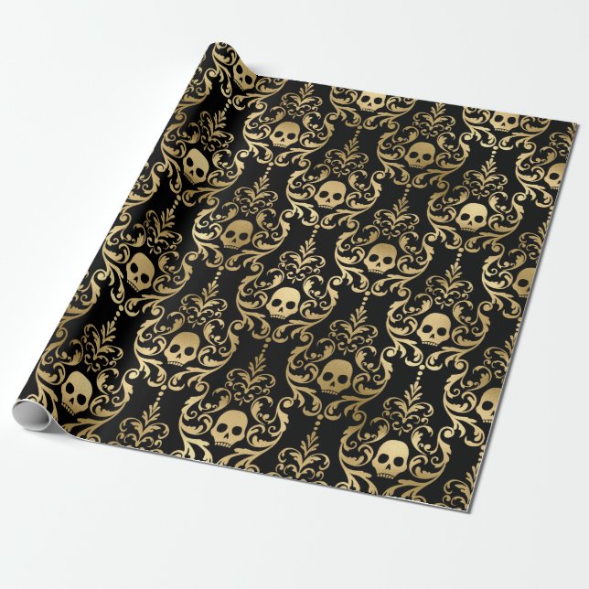 Black and Gold Halloween Damask Wrapping Paper (Unrolled)