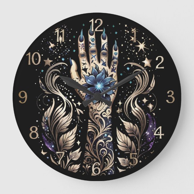 Black And Gold Hand Tattoo Large Clock (Front)