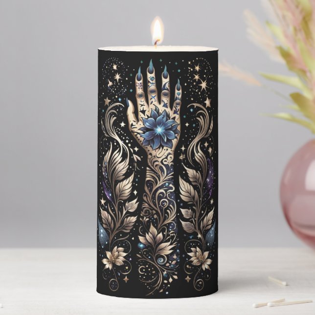 Black And Gold Hand Tattoo Pillar Candle (In Situ)