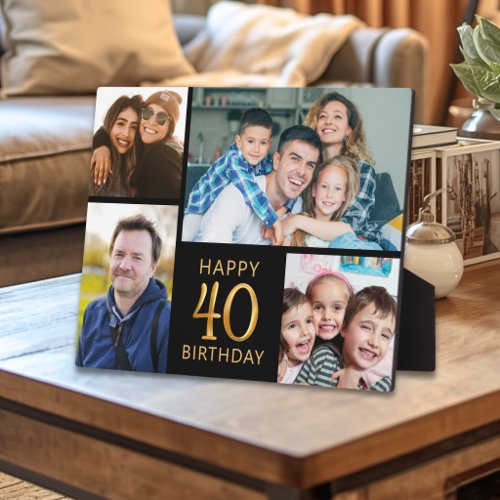 Black And Gold Happy 40th Birthday 4 Photo Collage Plaque