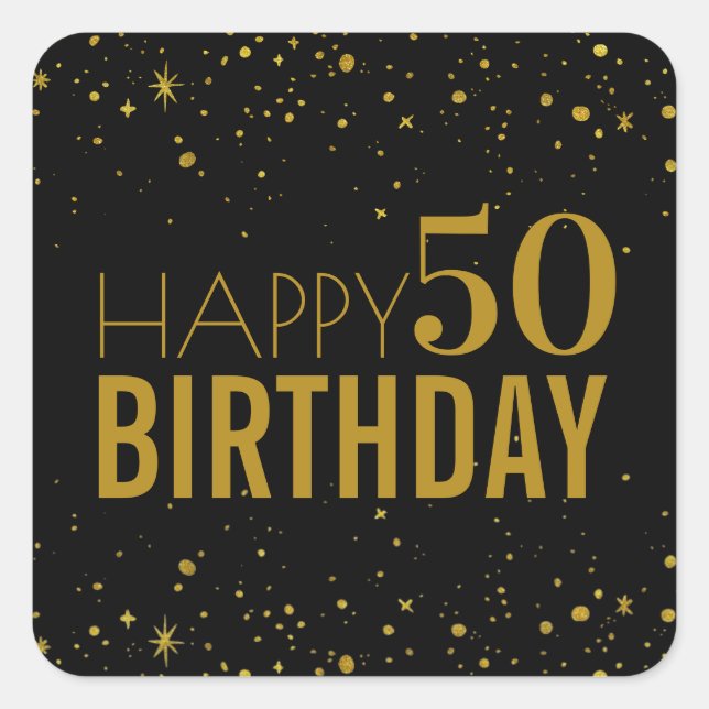 Black And Gold  Happy Birthday 50th Birthday Square Sticker (Front)