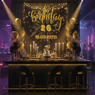Black and Gold Happy Birthday Backdrop Banner