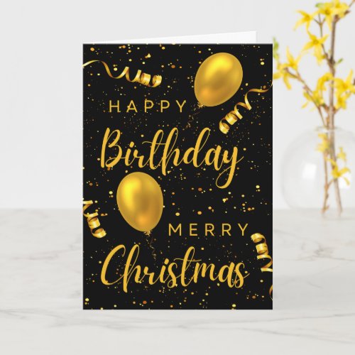 Black And Gold Happy Birthday Merry Christmas Card
