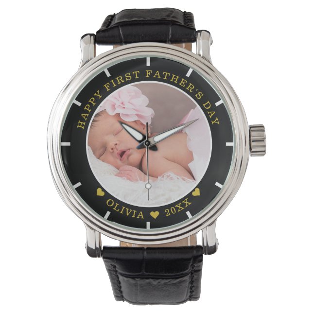 Black And Gold Happy First Fathers Day Baby Photo Watch (Front)
