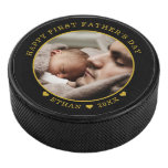 Black And Gold Happy First Father&#39;s Day Photo Hockey Puck at Zazzle
