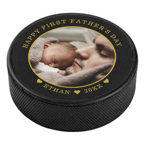 Black And Gold Happy First Fathers Day Photo Hockey Puck