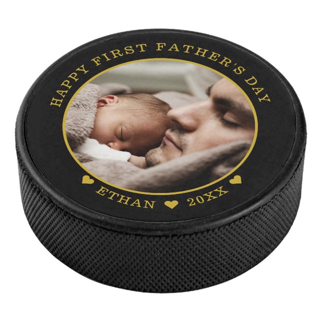 Black And Gold Happy First Father's Day Photo Hockey Puck (3/4)