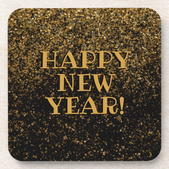 Black and Gold Happy New Year Gold Confetti Beverage Coaster (Front)