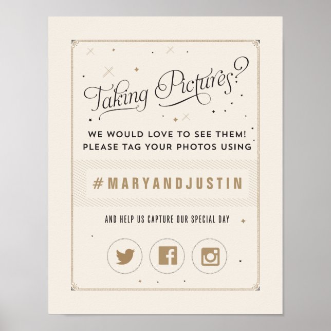 Black and Gold Hashtag Wedding Poster (Front)
