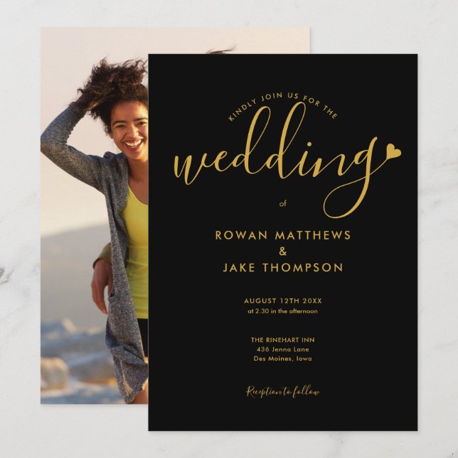 Black And Gold Heart Elegant Script Photo Wedding Invitation (Front/Back)