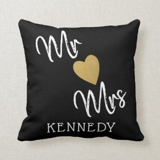 Black And Gold Heart Mr And Mrs Throw Pillow