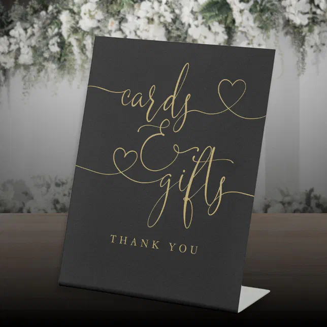 Black And Gold Heart Script Cards And Gifts Pedestal Sign | Zazzle