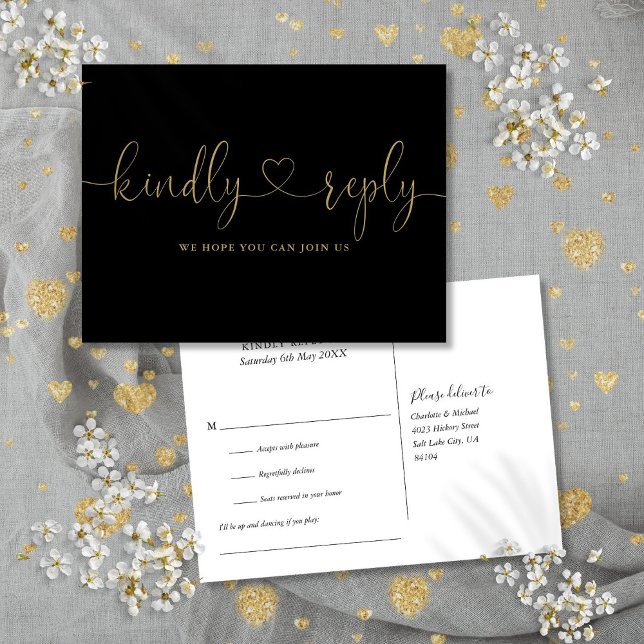 Black And Gold Heart Script Song Request RSVP Invitation Postcard (Black And Gold Heart Script Song Request RSVP Invitation Postcard)
