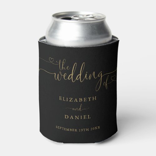 Black And Gold Heart Script Wedding Can Cooler