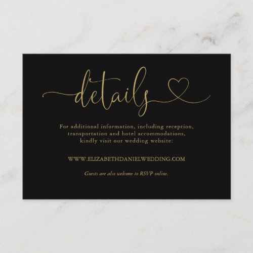 Black And Gold Heart Script Wedding Details Enclosure Card