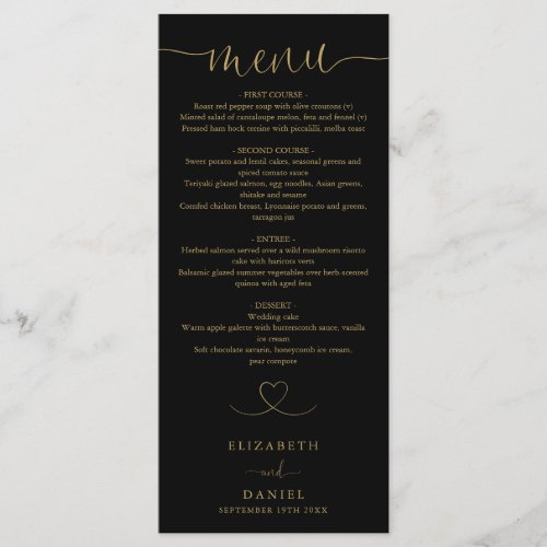 Black And Gold Heart Script Wedding Dinner Menu