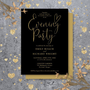 Black And Gold Heart Script Wedding Evening Party Invitation