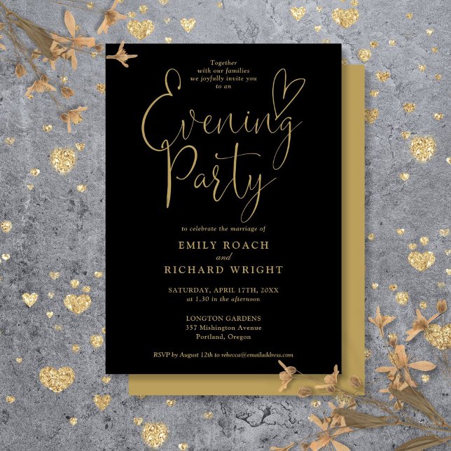 Black And Gold Heart Script Wedding Evening Party Invitation (Black And Gold Heart Script Wedding Evening Party Invitation)