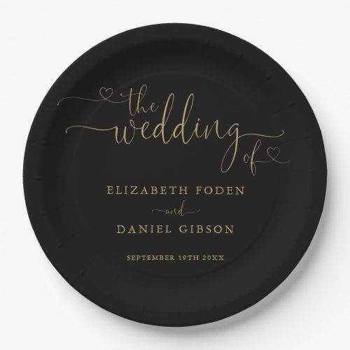 Black And Gold Heart Script Wedding Paper Plates