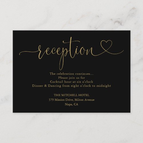 Black And Gold Heart Script Wedding Reception Enclosure Card