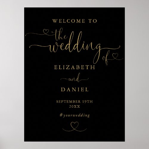 Black And Gold Heart Script Wedding Welcome Sign