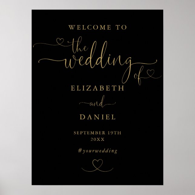 Black And Gold Heart Script Wedding Welcome Sign (Front)