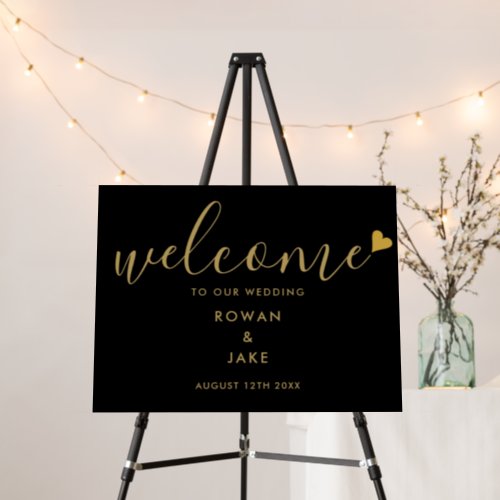 Black And Gold Heart Script Wedding Welcome Sign