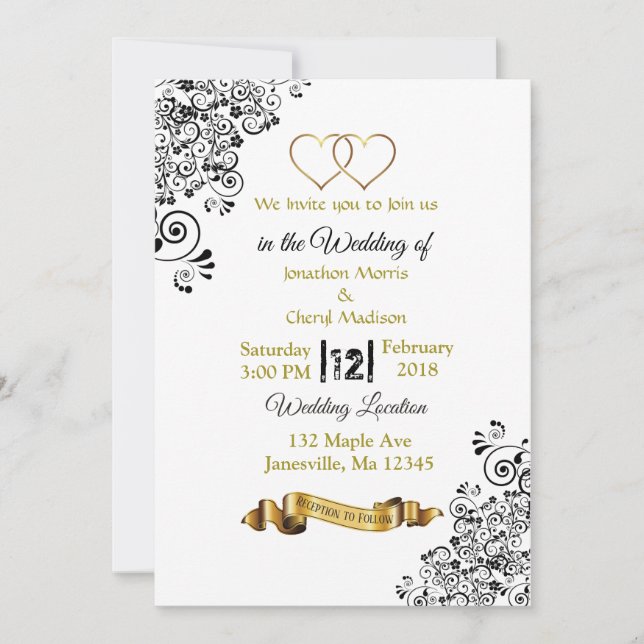 Black and Gold Hearts Wedding Invitations (Front)