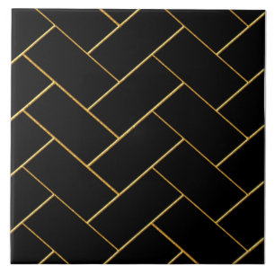 Black and Gold Herringbone Design Ceramic Tile. Tile