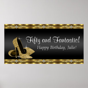 Black and Gold High Heel Birthday Party Banner Poster