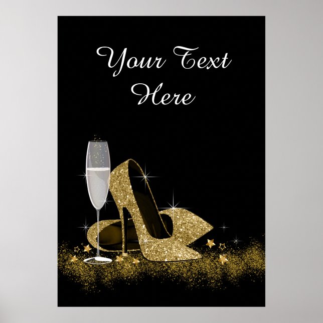 Black and Gold High Heel Shoe Birthday Party Poster (Front)