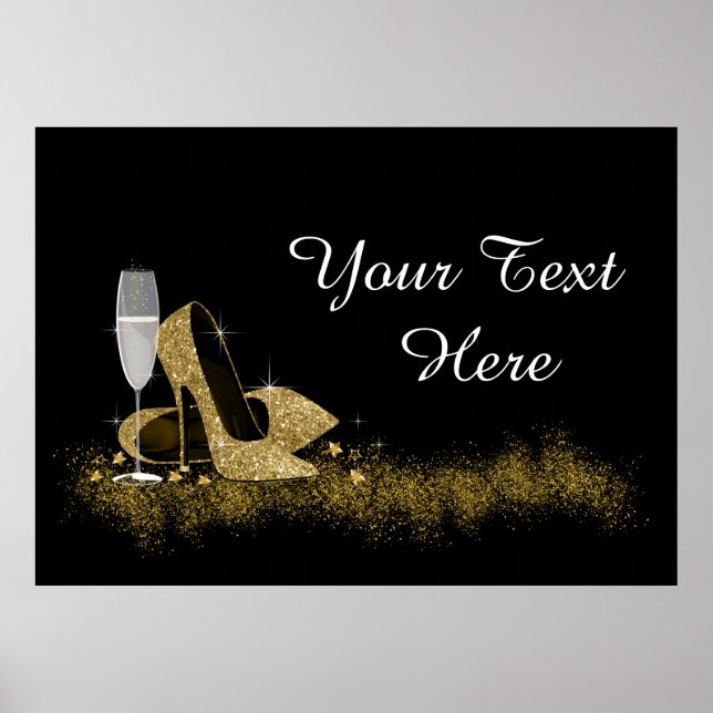 Black and Gold High Heel Shoe Birthday Party Poster (Front)
