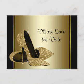 Black and Gold High Heel Shoe Save The Date Announcement Postcard