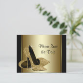 Black and Gold High Heel Shoe Save The Date Announcement Postcard (Standing Front)