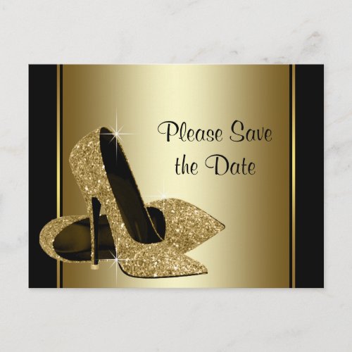 Black and Gold High Heel Shoe Save The Date Announcement Postcard