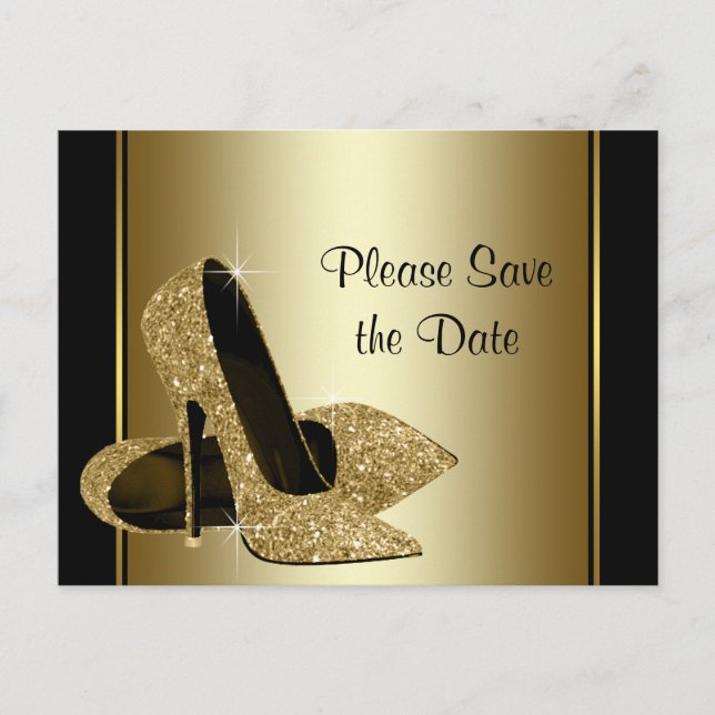 Black and Gold High Heel Shoe Save The Date Announcement Postcard (Front)