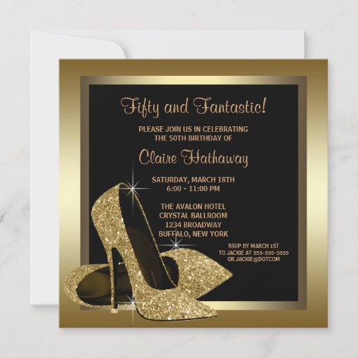 Black and Gold High Heels Womans 50th Birthday Invitation | Zazzle