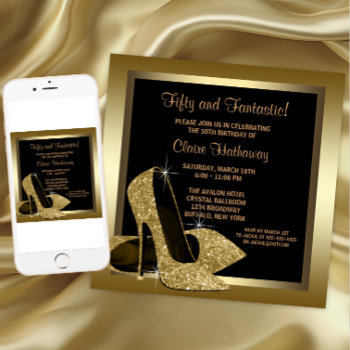 Black And Gold High Heels Womans 50th Birthday Invitation by Pure_Elegance at Zazzle