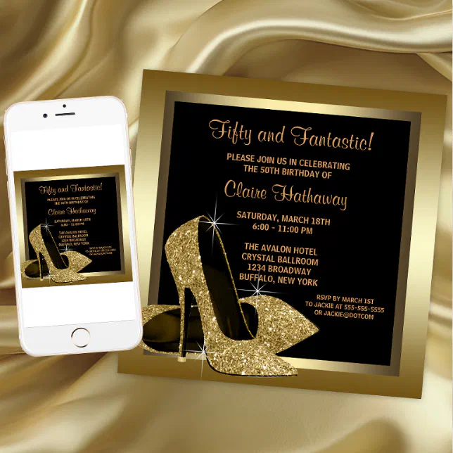 Black and Gold High Heels Womans 50th Birthday Invitation | Zazzle